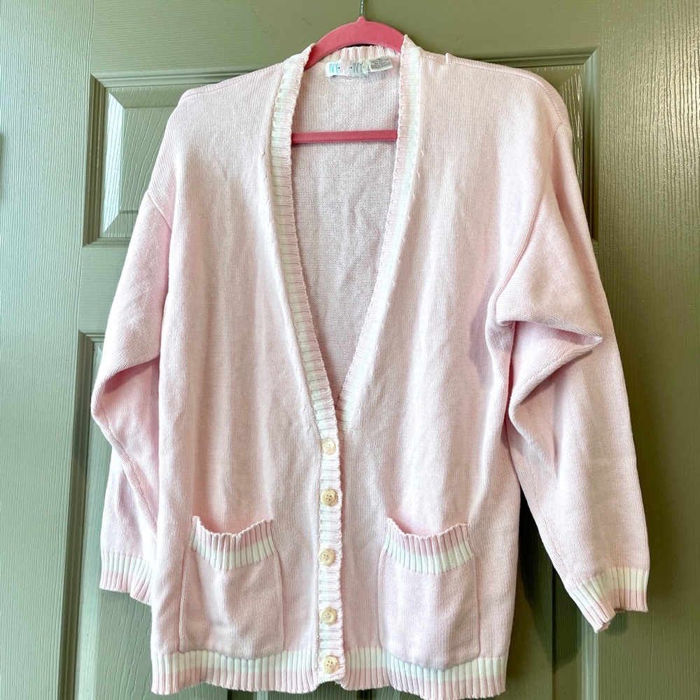 Vintage 80s Ivy Pink Knit Cardigan with White Varsity Stripes